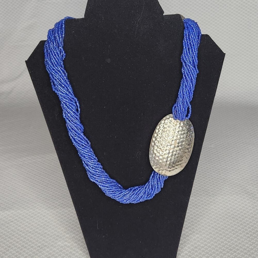 Vintage Cobalt Blue Multi Strand Seed Bead Necklace Hammered Silver Pewter Boho - Picture 2 of 6